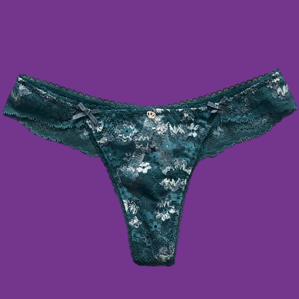 Victorias Secret Body Supersoft Metallic floral Lace thong panty green Small